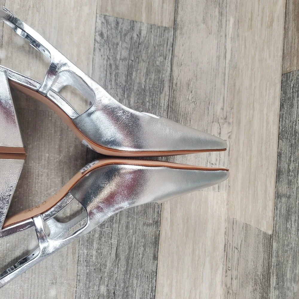 Schutz Blanche Mid Womens Pumps Sz 5 B Block Heel Prata Metallic Slingback Strap